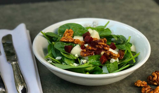 Spinach Salad with Pear, Beets, Gorgonzola & Coriander Cumin Spiced Walnuts