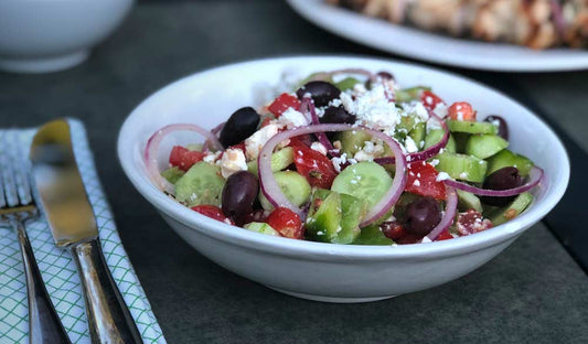 Greek salad with tomatoes, cucumber, olives and feta
