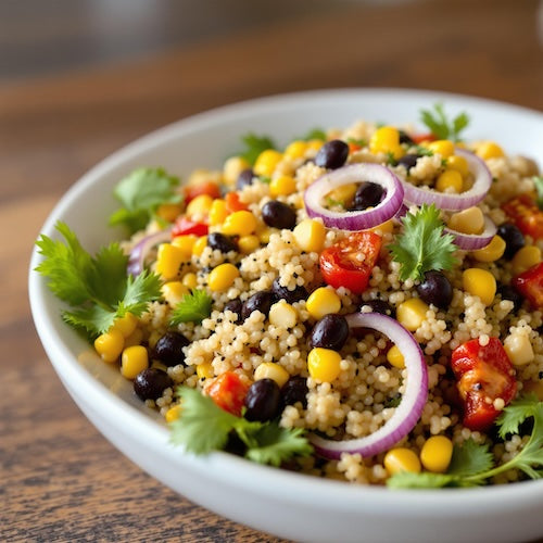 Quinoa salad with black beans, corn, roasted red peppers and parsley