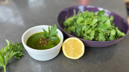 Bowl of fresh green chimichurri sauce