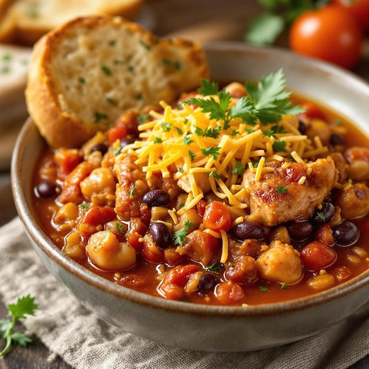 Bowl of chicken chili with beans topped with shredded cheddar