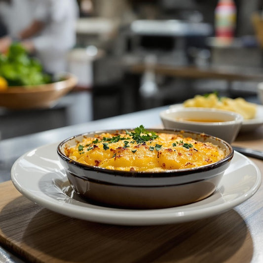 Golden-topped potatoes dauphinoise baked in a gratin dish