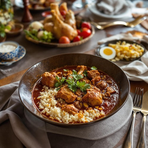 Chicken doro wat stew with hard-boiled eggs in a rich berbere sauce