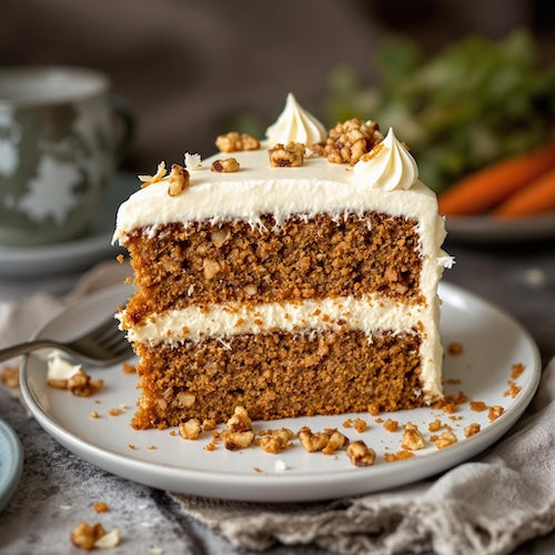 Two-layer carrot cake with coconut cream cheese frosting.