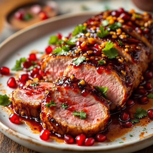 Sliced pork tenderloin with pomegranate blood orange glaze and pomegranate seeds