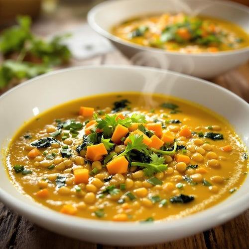 Bowl of green lentil soup with spinach and coconut milk