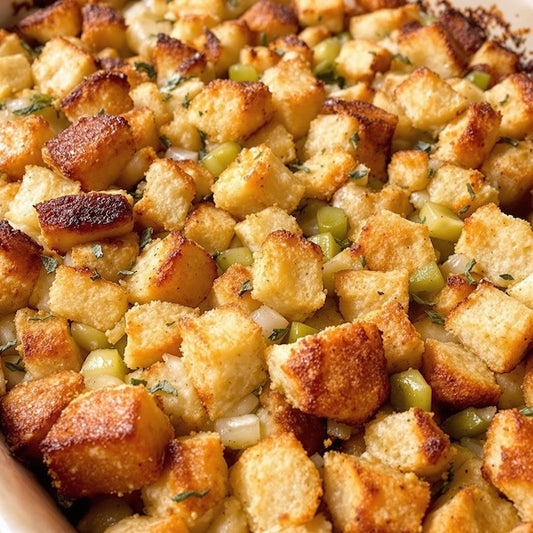 Casserole dish of golden herbed bread stuffing with celery and onion