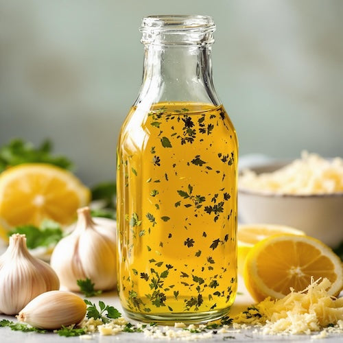 Homemade Italian salad dressing with herbs and Parmesan
