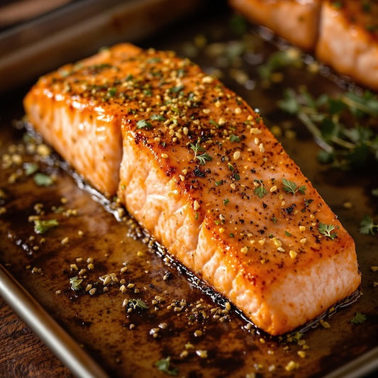 Broiled salmon fillet crusted with coriander fennel rub