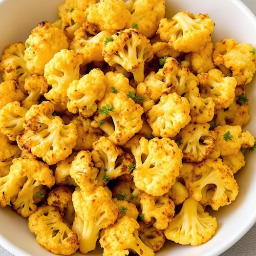 Golden roasted cauliflower florets seasoned with curry spices
