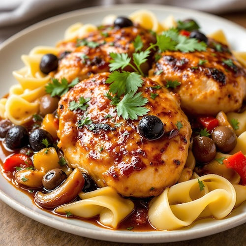 Chicken with Olives, Mushrooms and Chili Oil