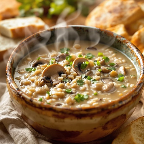 Bowl of creamy wild rice and mushroom soup