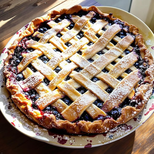 Homemade wild blueberry pie with a golden double crust