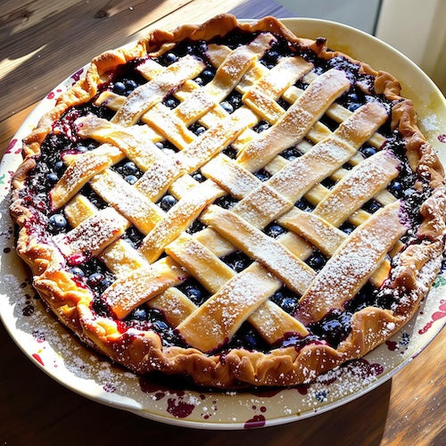 Homemade wild blueberry pie with a golden double crust