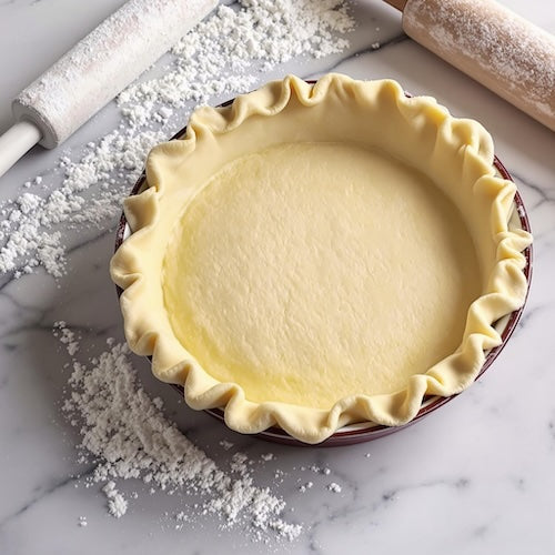 Homemade flaky pie crust crimped in a pie dish