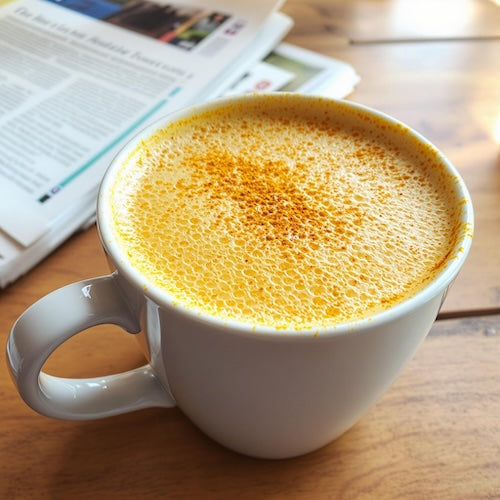 Golden milk latte made with coffee and turmeric paste.