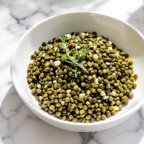 French green Puy lentils with garlic, and thyme.