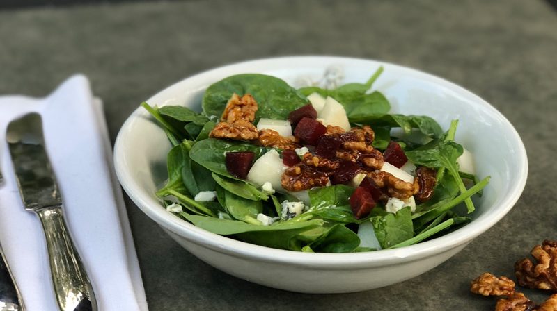 Spinach Salad with Pear, Beets, Gorgonzola and Spiced Walnuts